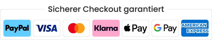 Secure checkout guaranteed: PayPal, Visa, Mastercard, Klarna, Apple Pay, Google Pay and American Express